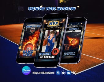 Può includere: Tre smartphone che mostrano un modello di invito video di compleanno a tema basket. Gli schermi presentano grafiche di palloni da basket in fiamme, un canestro e testo tra cui "Our MVP of the Year", "Peter is Turning" e "It's Game Time".