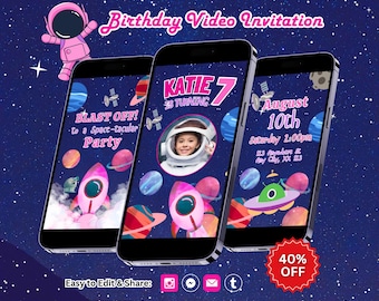 Editable Astronaut Birthday Video Invitation, Space Party Invitation, Outerspace Invite, Canva Template (Instant Download)