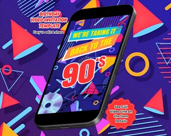 90s Birthday Video Invitation, Retro Party Invitation, Disco Invite, Editable Canva Template (Instant Download)