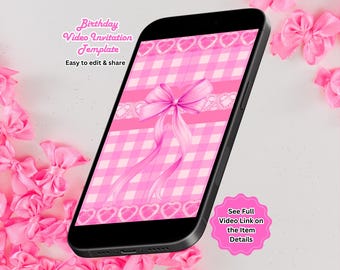 Pink Bow Birthday Video Invitation, Coquette Party, Bow Invite, Editable Canva Template (Instant Download)