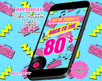80s Birthday Video Invitation, Disco Theme Party, Retro Invite, Editable Canva Template (Instant Download)