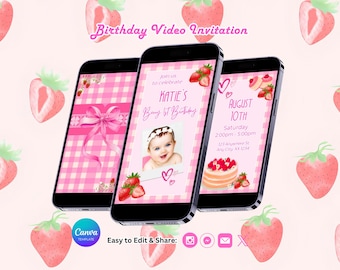 Berry First Birthday Invitation, Strawberry Party Invite, Canva Template, Editable Video (Instant Download)