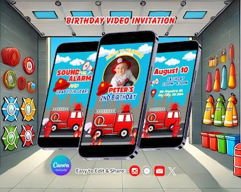 Fire Truck Birthday Invitation, Firefighter Invite, Firetruck Invitation, Canva Template, Editable Video (Instant Download)