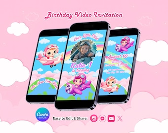 May include: Three smartphones displaying a digital birthday video invitation template with a pink and blue sky theme. The screens feature cartoon pilots in pink airplanes, rainbows, clouds, and text including "Our Little Pilot" and "Katie-1 is turning."