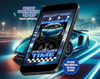 Lambo Car Birthday Video Invitation: Race Car Theme Party, Editable Canva Template (Instant Download)