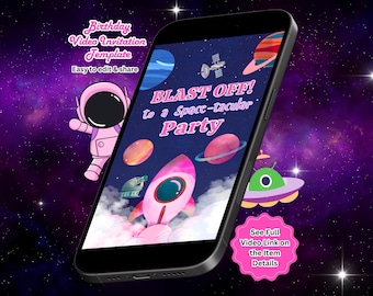 Outer Space Birthday Video Invitation, Space Girl, Astronaut Invite, Editable Canva Template (Instant Download)