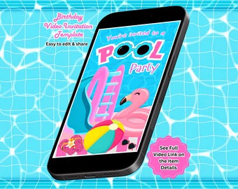Pool Party Birthday Video Invitation, Summer Party Invite, Editable Canva Template (Instant Download)