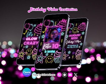 Neon Glow Birthday Invitation, Lets Glow Party Invite, Canva Template, Editable Video (Instant Download)