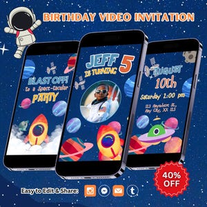 Editable Space Boy Birthday Video Invitation: Outer Space, Astronaut Party, Canva Template (Digital Download)
