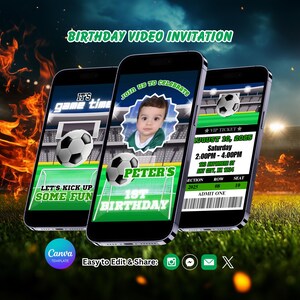 May include: Three smartphones displaying a football-themed birthday video invitation template. The screens feature a stadium background, footballs, and text including "It's game time," "Peter's 1st Birthday," and "VIP Ticket" with event details.