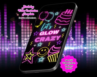 Neon Glow Birthday Video Invitation, Lets Glow Party Invite, Editable Canva Template (Instant Download)