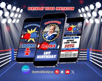 May include: Three smartphones displaying a boxing-themed birthday video invitation template. The screens feature red and blue boxing gloves, a photo of a child in a boxing robe, and event details including the text Peter's 1st Birthday.