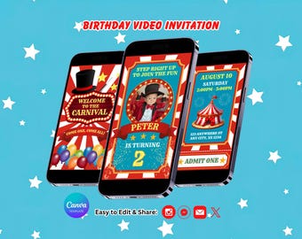 Editable Carnival Birthday Video Invitation: Carnival Theme Party, Circus Invite, Canva Template (Instant Download)