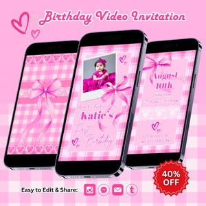 Editable Pink Bow Birthday Video Invitation: Coquette Party, Bow Invite, Canva Template (Digital Download)