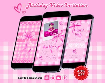 Pink Bow Birthday Invitation, Coquette Party, Bow Invite, Canva Template, Editable Video (Instant Download)