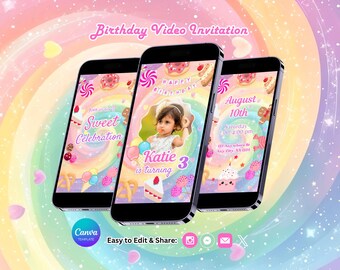Candy Birthday Invitation, Sweets Birthday Invite, Candyland Party, Canva Template, Editable Video (Instant Download)