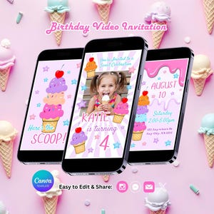 Puede incluir: Tres teléfonos inteligentes que muestran una invitación de video de cumpleaños con gráficos de conos de helado. La invitación incluye el texto "Here's the SCOOP!" y "KATIE cumple 4 años". El fondo es rosa con conos de helado.