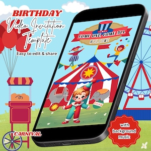 Circus Invitation, Carnival Invitation, Carnival Birthday Party, Circus Party, Boy Birthday Invitation, Video Invitation, Digital Invitation