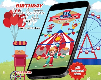 Carnival Birthday Video Invitation, Carnival Theme Party, Circus Invite, Editable Canva Template (Instant Download)