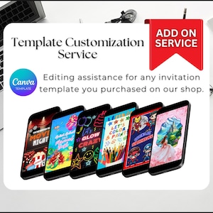 Op de afbeelding: Een advertentie voor een Canva-sjabloon aanpassingsservice, die hulp biedt bij het bewerken van alle in hun winkel gekochte uitnodigingsjablonen. De advertentie toont een laptop, een bril en zes smartphone-schermen die verschillende uitnodigingsjablonen weergeven.