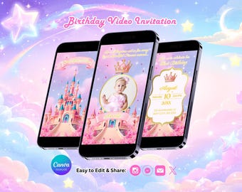 Castle Birthday Invitation, Fairytale Birthday Party, Princess Invite, Canva Template, Editable Video (Instant Download)