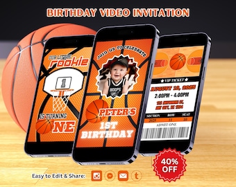 Editable Basketball Birthday Video Invitation Template, First Birthday Party Invitation, Rookie Year First Birthday, Basketball Party Invite