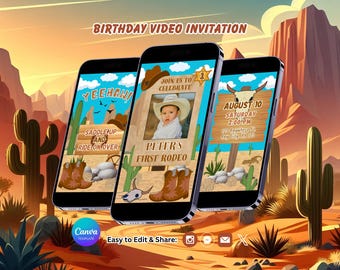 First Rodeo Birthday Invitation, Cowboy Wild West Invite, Canva Template, Editable Video (Instant Download)