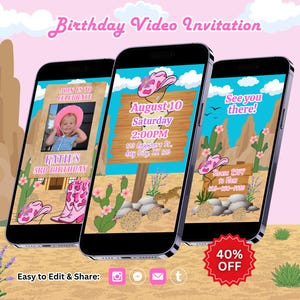 Editable Cowgirl Birthday Video Invitation: Rodeo Party, Wild West Invite, Canva Template (Digital Download)