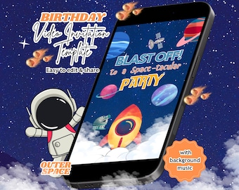 Space Birthday Video Invitation, Outer Space Party, Astronaut Invite, Editable Canva Template (Instant Download)