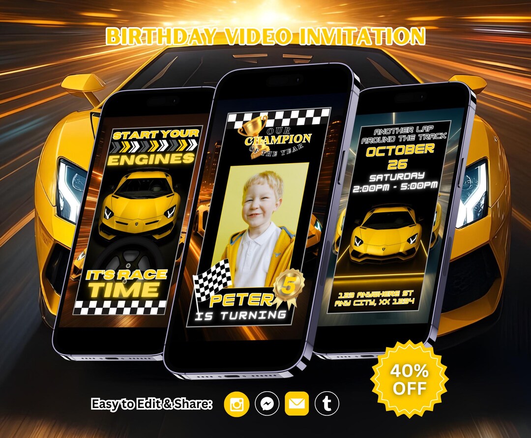 Editable Lambo Car Birthday Video Invitation, Race Car Party Invite ...