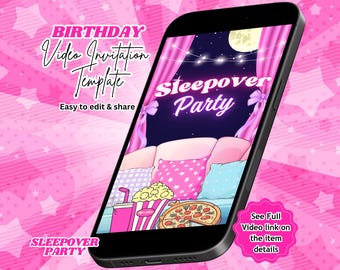 Sleepover Party Video Invitation, Slumber Party, Pajama Birthday Invite, Editable Canva Template (Instant Download)