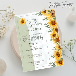 Sunflower Birthday Invitation Editable Template, Flower birthday invitation, Little Sunflower invitation template, Sunflower Theme Party