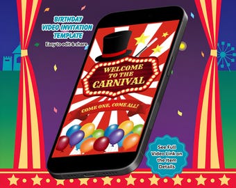 Carnival Birthday Video Invitation: Carnival Theme Party, Circus Invite, Editable Canva Template (Digital Download)
