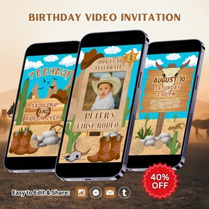 Editable First Rodeo Birthday Video Invitation: Cowboy, Wild West Invite, Canva Template (Digital Download)