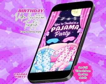 Pajama Party Video Invitation, Slumber Party, Sleepover Birthday Invite, Editable Canva Template (Instant Download)