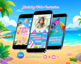Beach Birthday Invitation, Beach Theme Party, Summer Invite, Canva Template, Editable Video (Instant Download)