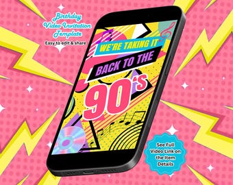 90s Birthday Video Invitation, 90s Party Invites, Retro Invite, Editable Canva Template (Instant Download)