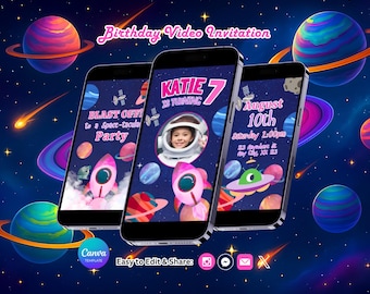 Astronaut Birthday Invitation, Space Party Invitation, Outerspace Invite, Canva Template, Editable Video (Instant Download)
