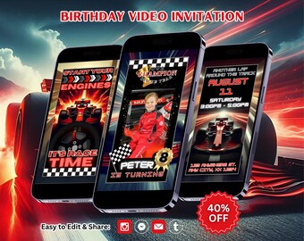 Editable Formula Car Birthday Video Invitation Template, Race Car Birthday Digital Invitation Party Template, Cars Party Invitation Template