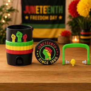 May include: A black beverage dispenser featuring a red, yellow, and green band, with three raised fists in red, yellow, and green. The lid displays the text JUNETEENTH SINCE 1865 with a fist graphic. A separate bright green handle and yellow spigot are included.