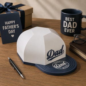 May include: A white paper memo pad shaped like a baseball cap with the word Dad in blue script on the front. The dark blue brim features a circular logo with the text Best Dad Ever. The memo pad is displayed alongside a dark blue mug with the text Best Dad Ever, a gift box, a greeting card, and a black pen.