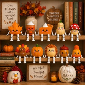 Op de afbeelding: Een verzameling herfstachtige plankfiguren met lachende karakters, waaronder een esdoornblad, koffiebeker, pompoentaart, kalebas, paddenstoel, kalkoen, pompoen, egel, eikel en gebreide muts, uitgestald op houten planken met borden en boeken.