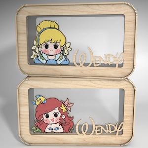 Caja de dinero de princesa personalizada svg, alcancía de princesa de dibujos animados svg, caja de dinero para niños svg, caja de dinero de madera con nombre, archivos svg Glowforge