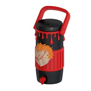 May include: A black beverage dispenser featuring a red carrying handle and a red spigot at the base. The top section has a red dripping paint design. A three-dimensional molded face with orange hair and facial scars is centered on a red ribbed band.
