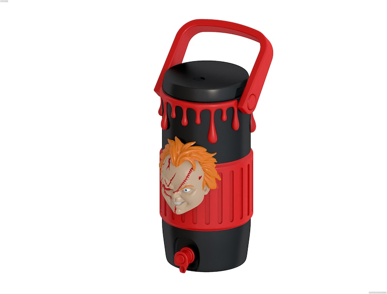 May include: A black beverage dispenser featuring a red carrying handle and a red spigot at the base. The top section has a red dripping paint design. A three-dimensional molded face with orange hair and facial scars is centered on a red ribbed band.