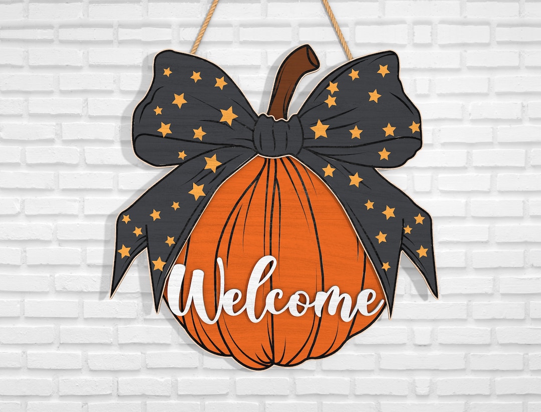 Welcome Halloween Sign Svg ,round Door Hanger SVG, Pumpkin Bow Door ...