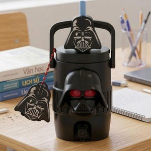 May include: A black cylindrical water bottle featuring a moulded Darth Vader helmet on the front with glowing red eyes. The lid includes a handle, a light blue straw, and a decorative Darth Vader tag attached by a red beaded chain.