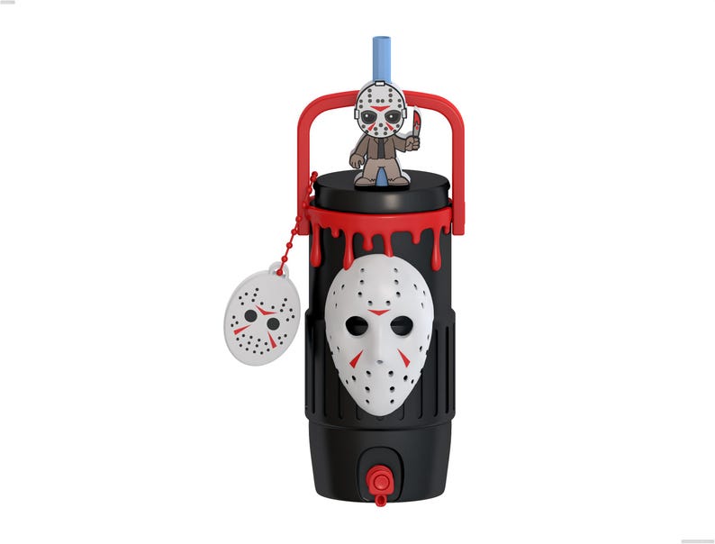 May include: A black cylindrical tumbler featuring a white hockey mask emblem on the front, red dripping paint accents, a red handle, and a light blue straw. A small circular tag with a hockey mask design hangs from a red beaded chain on the side.