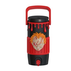 May include: A black cylindrical beverage dispenser featuring a red handle and a red spigot at the base. The top rim has a red dripping paint effect. A molded 3D relief of a scarred, orange-haired character face is centered on a red ribbed band.