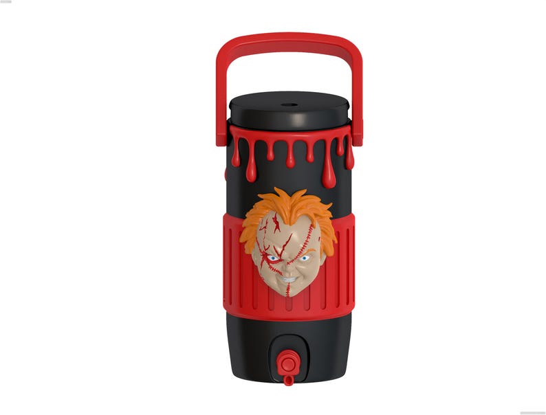 May include: A black cylindrical beverage dispenser featuring a red handle and a red spigot at the base. The top rim has a red dripping paint effect. A molded 3D relief of a scarred, orange-haired character face is centered on a red ribbed band.